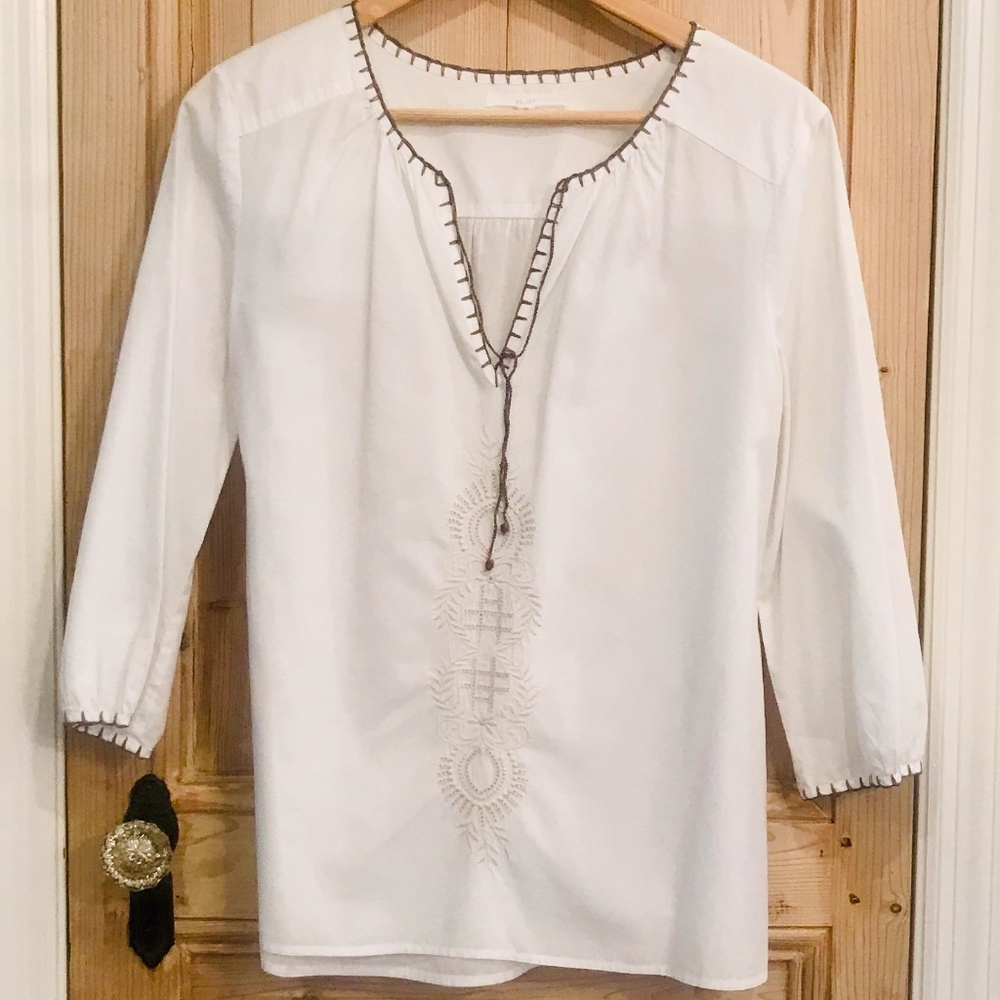 Anthropologie White Embroidered Popover